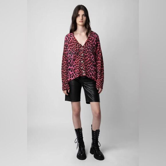 Zadig & Voltaire Mirka Leo print Leopard Cashmere Cardigan Size XS NWT - Picture 3 of 16